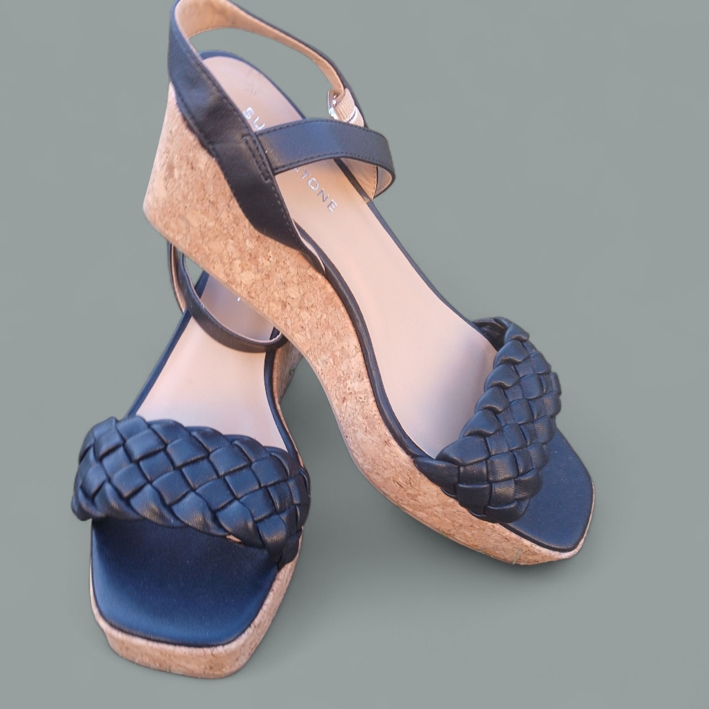 Sun + Stone Allvina Faux Leather Adjustable Wedge Sandals Beach Vibes Sz11 Women